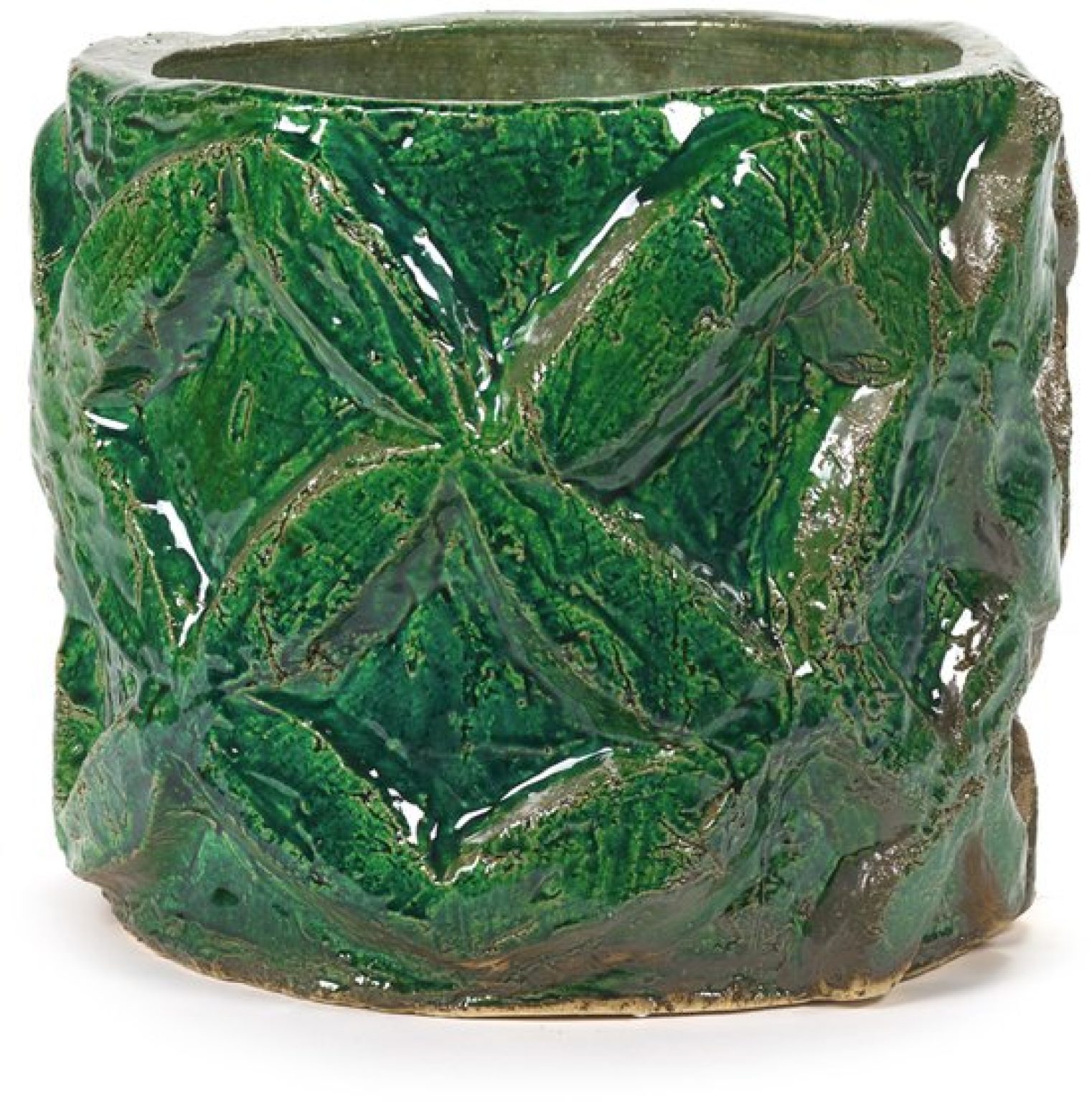 Groene keramische bloempot met bladreliëf