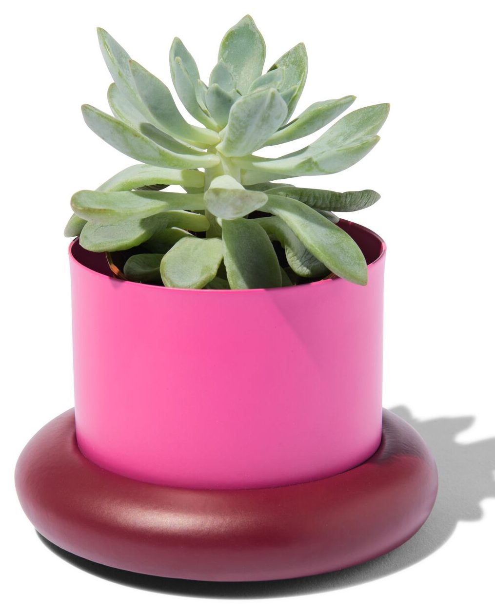 HEMA Bloempot Ø10x6.5cm Metaal Met Schotel Roze-bordeaux (felroze)