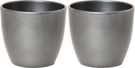 Set 2 glanzend zilveren keramische bloempotten 13,5x15,5 cm