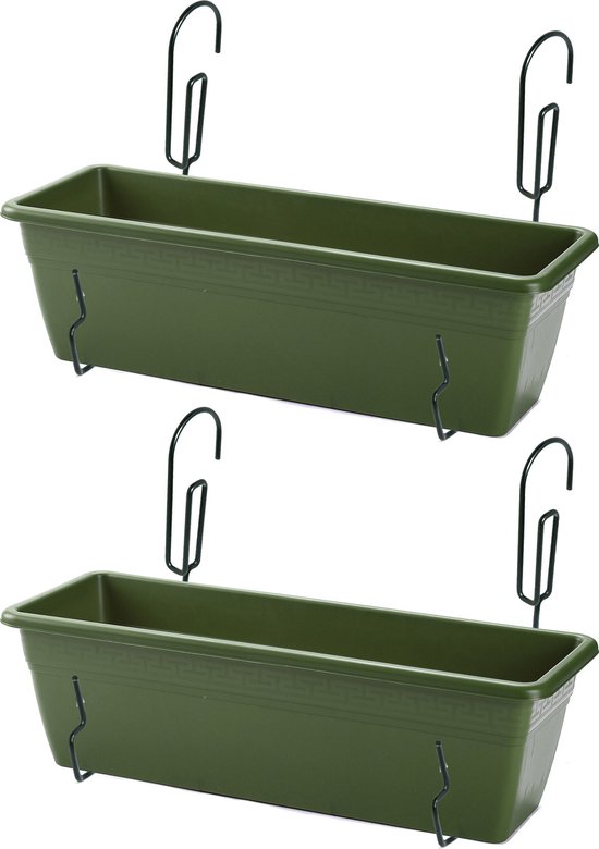 2x Balkonbakken Rechthoekig 50x17x15 cm Groen met Beugels