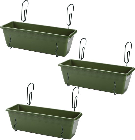 Set 3 hangende balkonbakken groen 50x17x15 cm met beugels