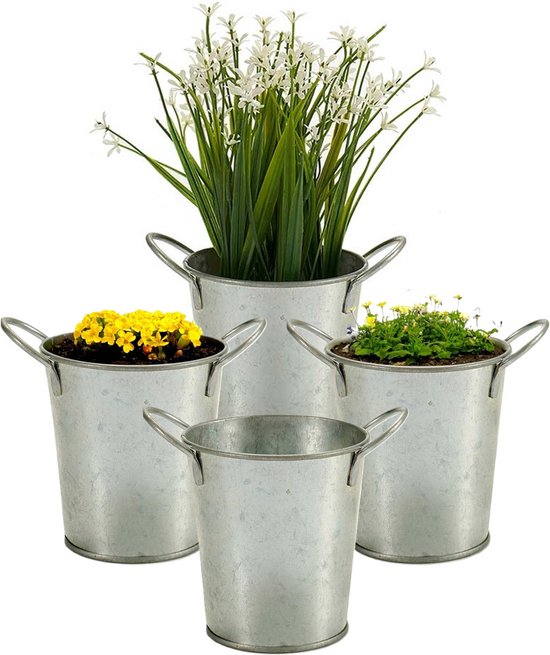 Set van 4 zinken bloempotten zilver Ø12×H16 cm