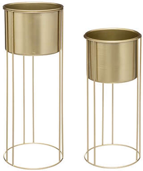 Set van 2 gouden plantenpotten met metalen standaards