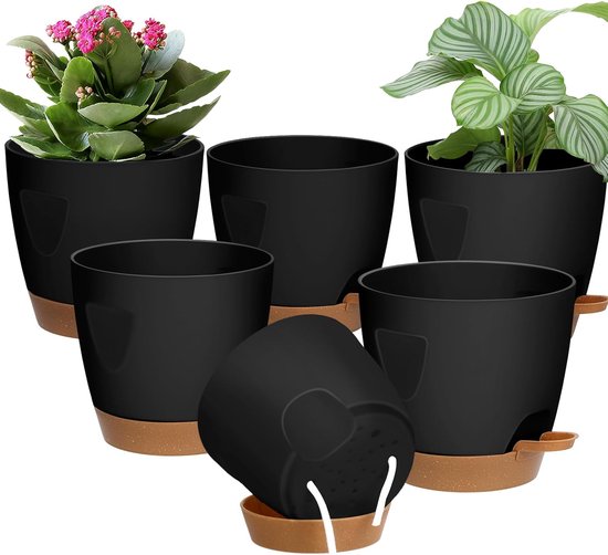 Set 5x zelfwatergevende bloempotten zwart 13–18 cm