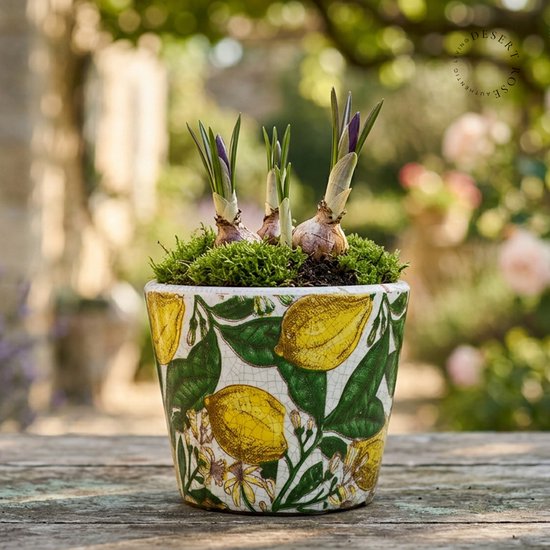 Landelijke gele bloempot van keramiek Ø13×H12 cm
