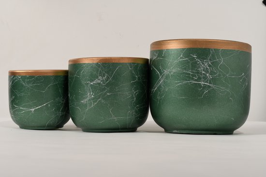 Keramische bloempot groen 19 cm met gouden rand, afvoergat