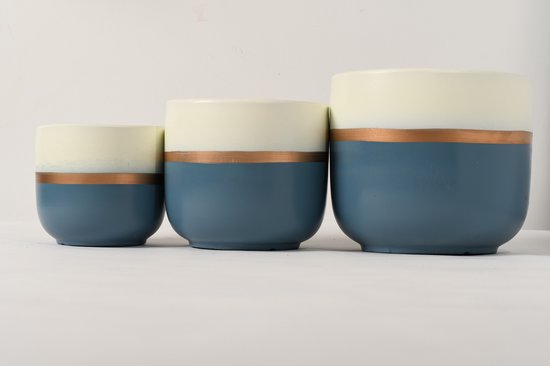 Grote blauw-witte keramische bloempot 24 cm met gouden rand