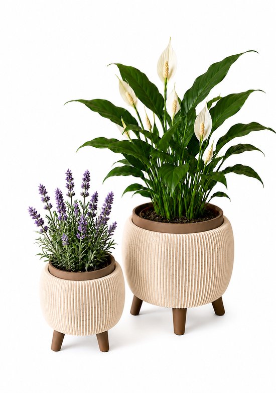 Geribbelde bloempot op pootjes - Scandinavisch beige/bruin