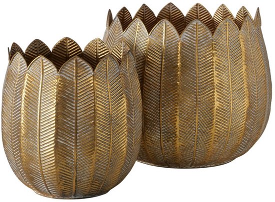Set van 2 metalen bloempotten - Antiek goud, bladstructuur
