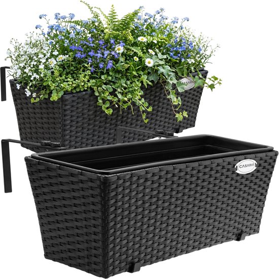 Casaria Polyrattan Balkonbak 2x Zwart met Ophangbeugels