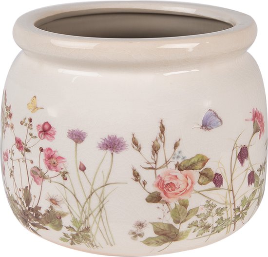 Clayre & Eef Bloempot Ø 20x15 cm Beige Roze Keramiek Bloemen