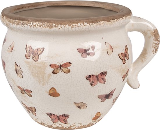 Clayre & Eef Bloempot 20x17x15 cm Beige Roze Keramiek Vlinders