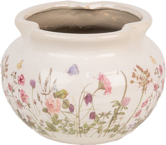 Clayre & Eef Bloempot Ø 23x16 cm Beige Roze Keramiek Bloemen