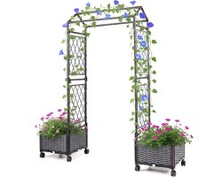 2-in-1 Rozenboog met Plantenbakken en Wielen, 163 cm, Grijs