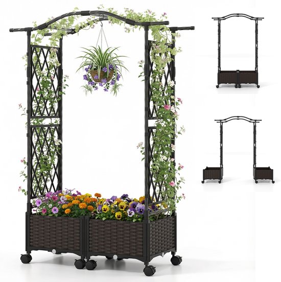 COSTWAY 2-in-1 Tuinboog met Bloembakken, Klimrek en Wielen