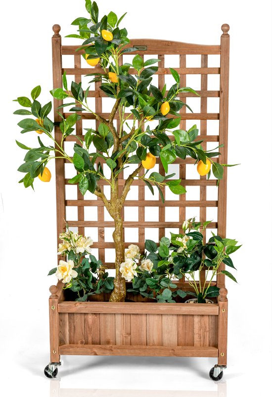 Houten plantenbak met rankrooster en wielen 64×28×127