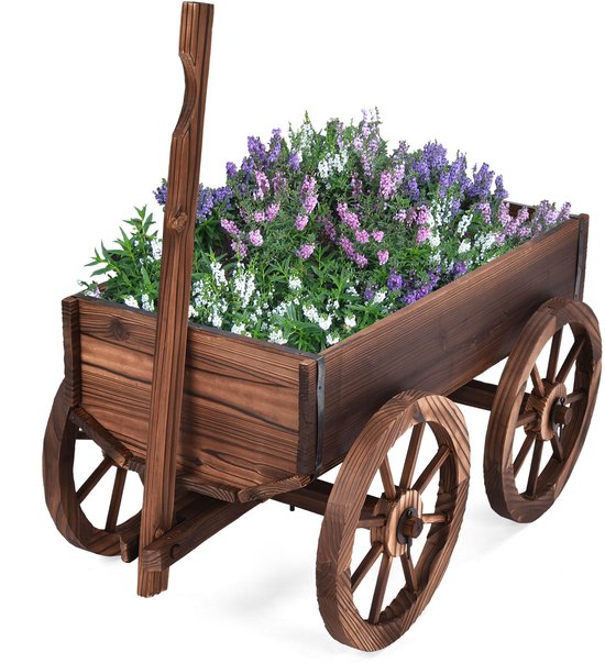 COSTWAY Houten Bloemenkar Bruin, 4 Wielen - 120x43x54 cm
