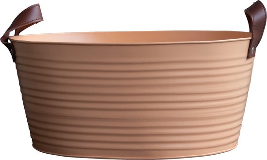 Zinken bloementrog 35x26x16 met leren handvatten - oranje