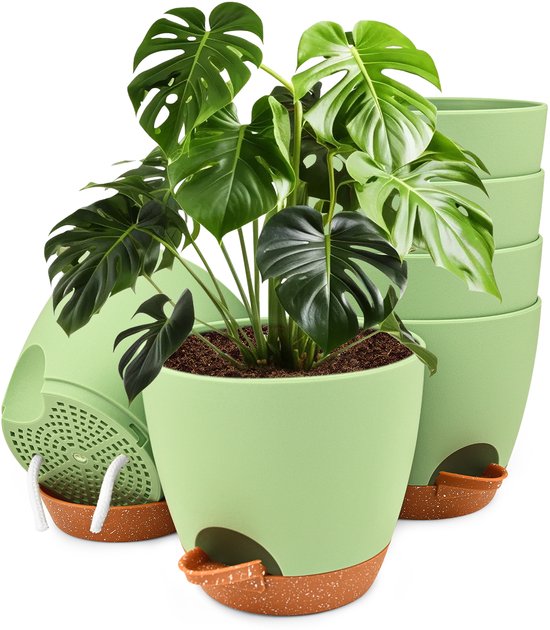 Set van 6 ronde zelfwaterende bloempotten 15 cm met schotel