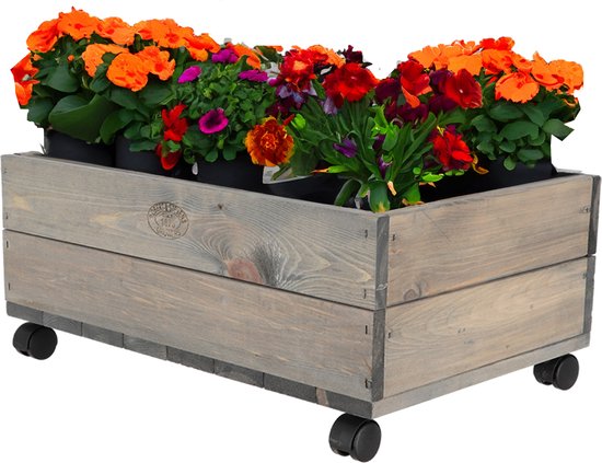 Esschert vurenhouten plantenbak met zwenkwielen voor buiten