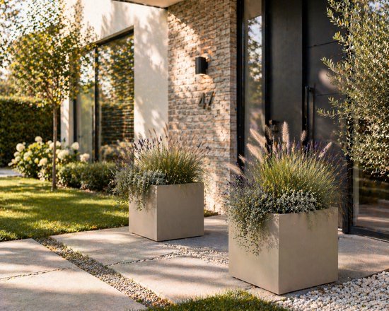 Moderne vierkante Fiberstone bloembak 54x54x54 cm beige