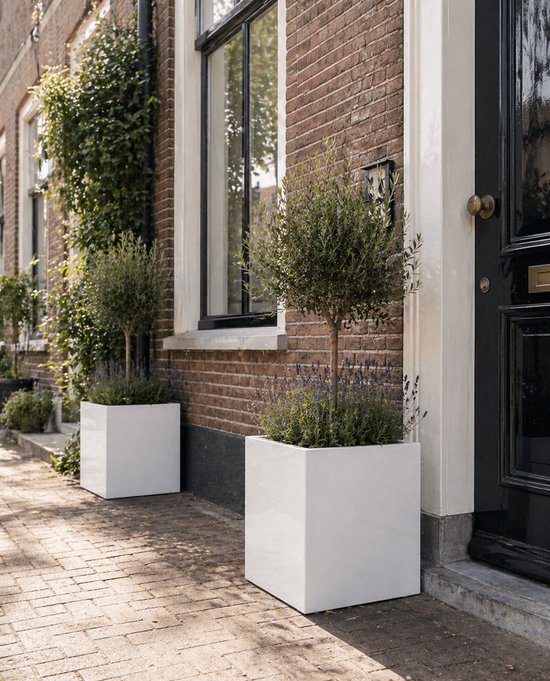 Vierkante Fiberstone bloembak 45x45x45 cm - hoogglans wit