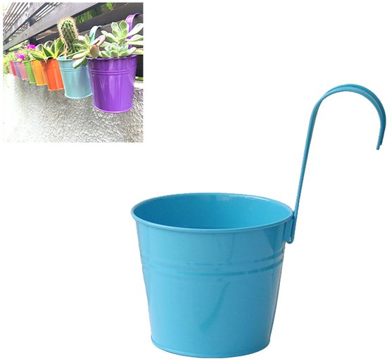 Blauwe metalen hangbloempot met afneembare haak en drainage