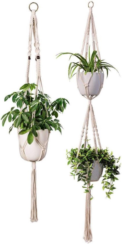 Macramé plantenhangers set van 2 wit incl. haken
