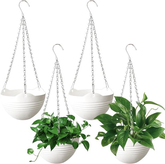 Set van 4 kunststof zelfbewaterende hangpotten 20x20 cm wit