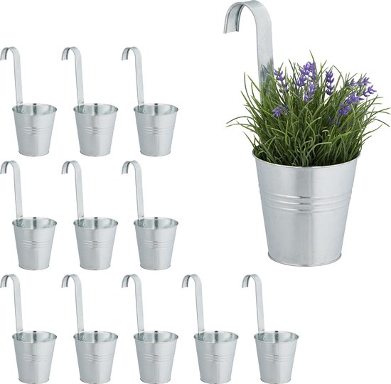 Set van 12 verzinkte metalen hangpotten met haak 30x13x20cm