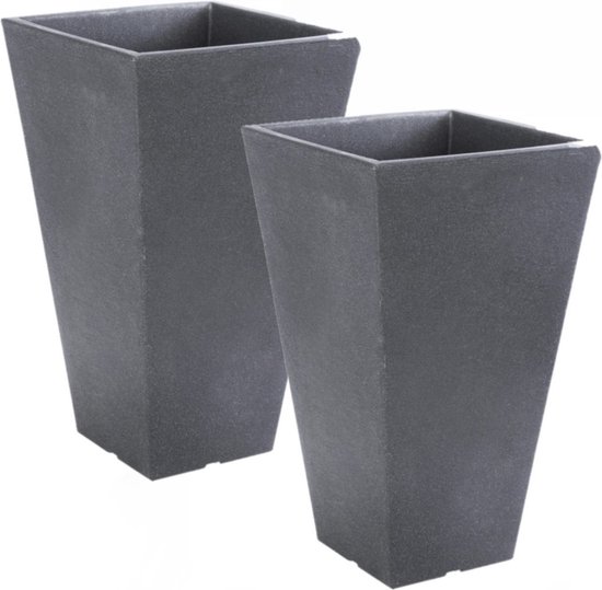Set 2 hoge vierkante kunststof potten antraciet 24×24×35 cm