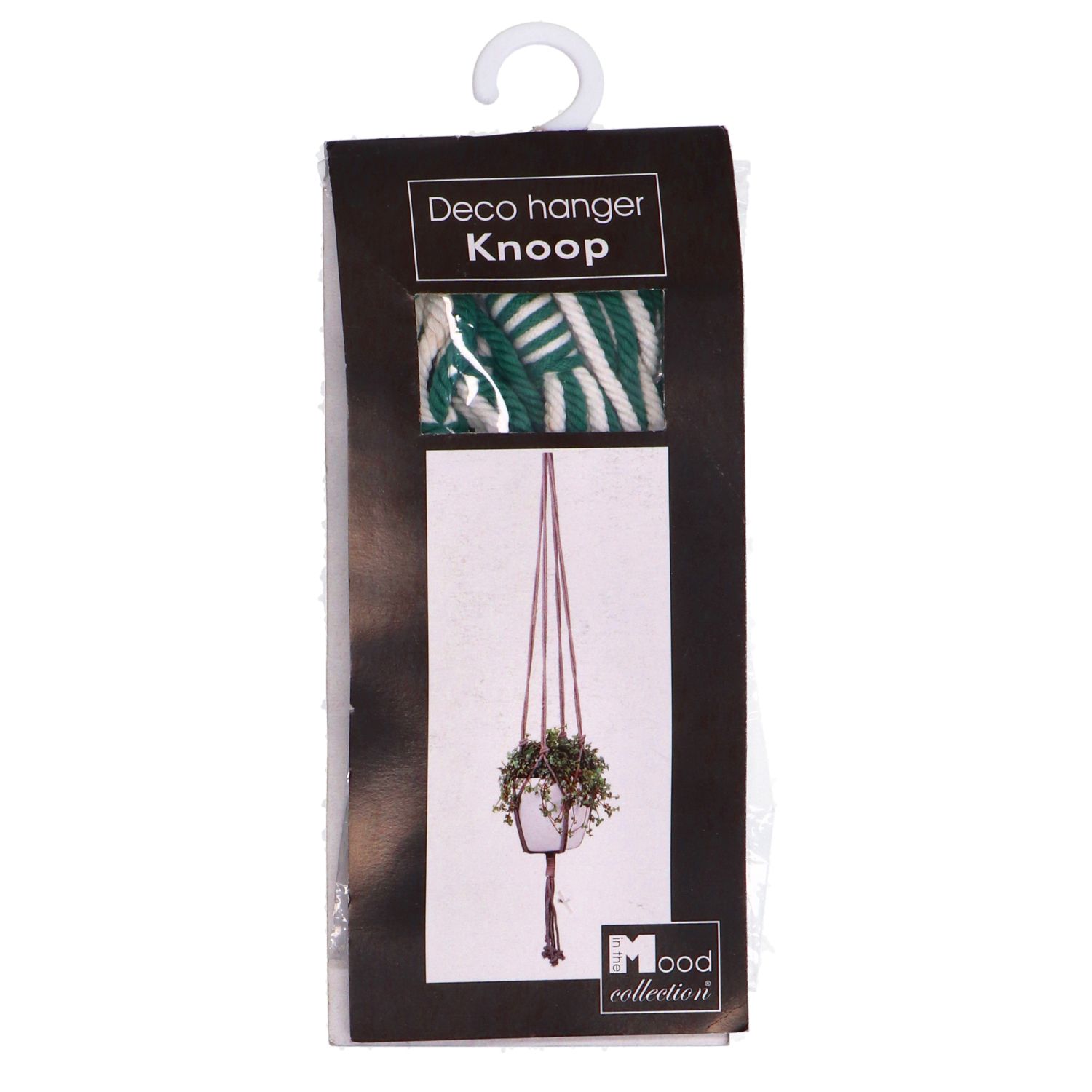 Hangende macramé bloempothouder 110 cm - donkergroen/wit
