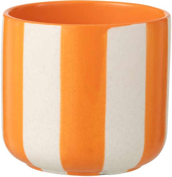 J-Line Keramische Bloempot Gestreept Oranje/Wit M