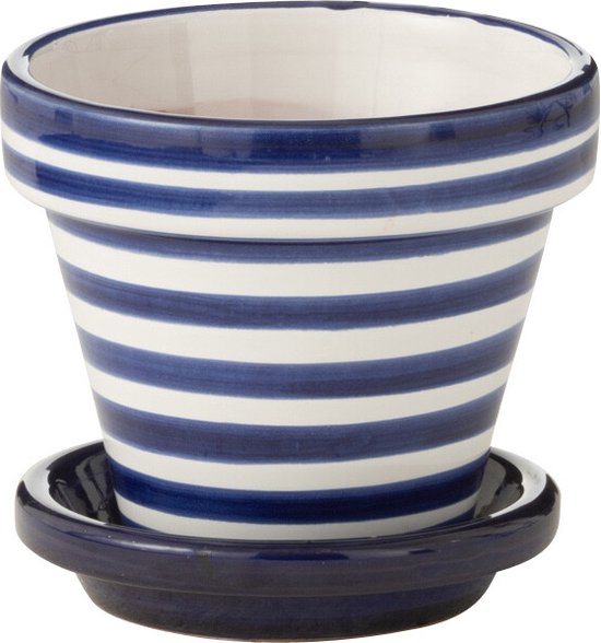 J-Line Blauwe keramische bloempot Granada Stripes Ø17 cm