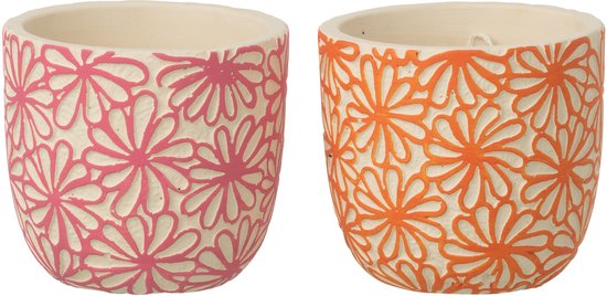 J-Line Set van 2 Ronde Keramische Bloempotten Roze/Oranje