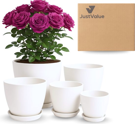 Set van 5 witte kunststof bloempotten met schotel Ø12-18cm