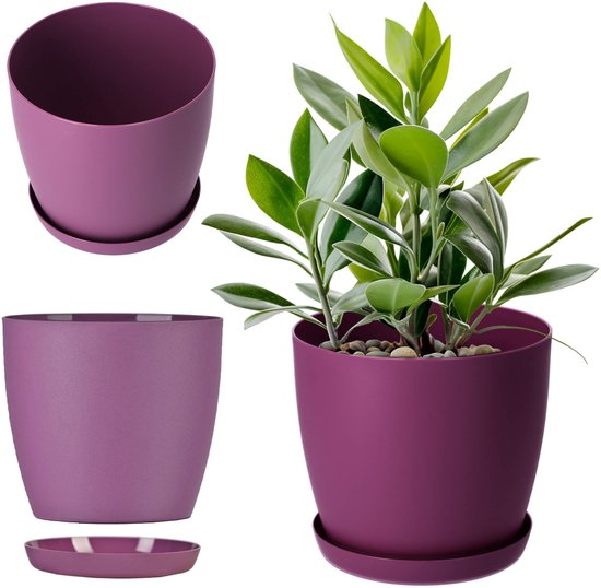 KADAX Bloempot 20 cm paars met onderschotel - kunststof