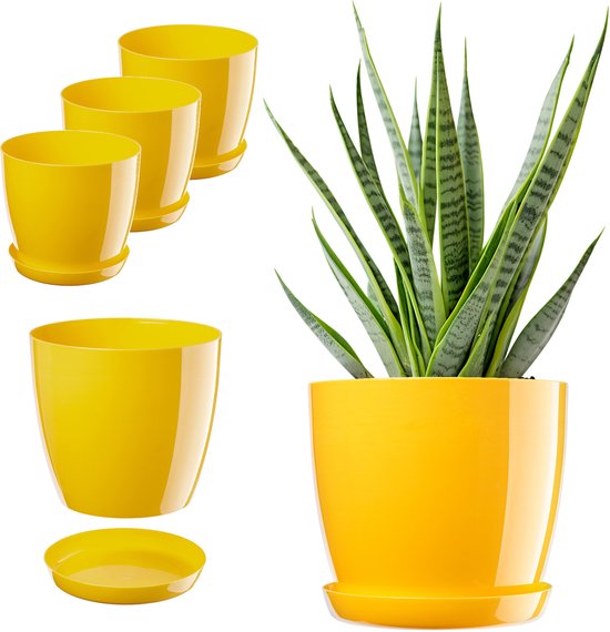 KADAX Bloempot Set 3x Ø28 cm - Geel met Onderzetter