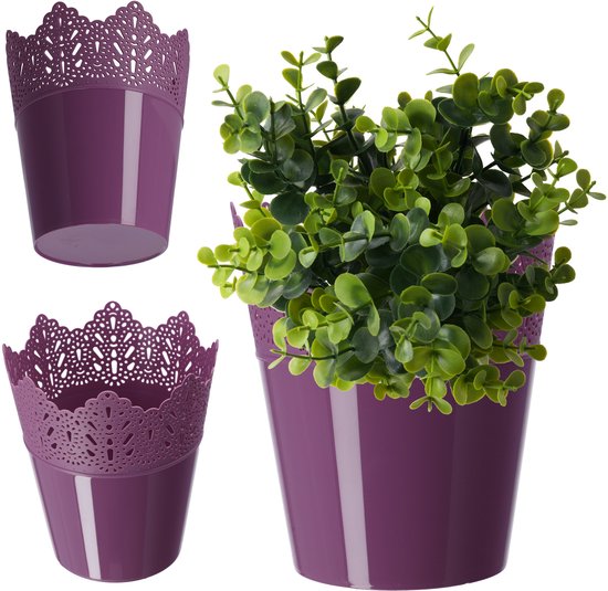 KADAX Puntige bloempot 12 cm kunststof paars met kantmotief