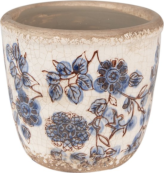 Keramieken bloempot beige Ø13 cm bloemenmotief