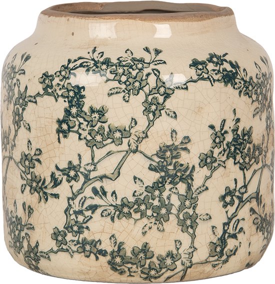 Keramische bloempot 15 cm beige bloemenmotief voor binnen