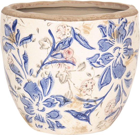 Blauwe keramische bloempot 13 cm – rustiek bloemenmotief