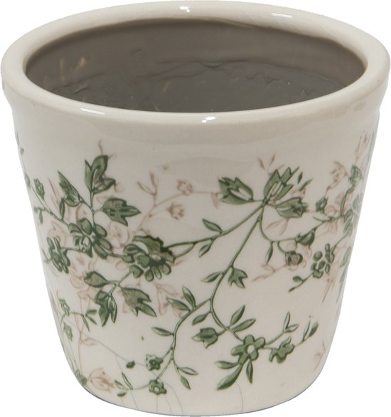 Rustieke groene keramische bloempot Ø12 cm, bloemenmotief