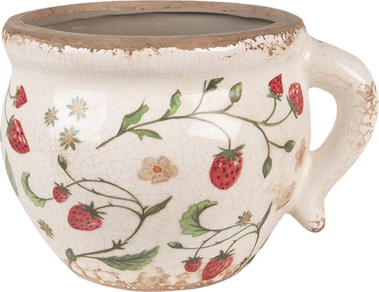 Keramiek Bloempot voor Binnen – Rode Aardbeien – Rustieke Pot – 17x14x12 cm – Aardbeienmotief