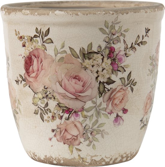 Keramiek Bloempot voor Binnen – Roze Bloemen – Rustieke Pot – Ø 12 cm – Bloemenmotief