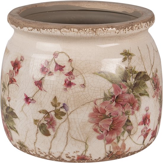 Keramiek Bloempot voor Binnen – Roze Bloemen – Rustieke Pot – Ø 12 cm – Bloemenmotief