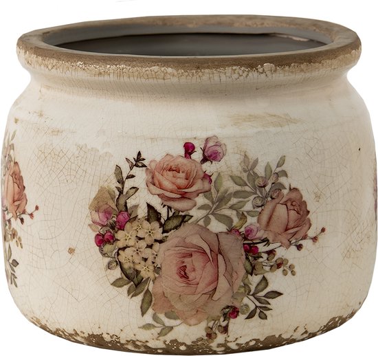 Keramiek Bloempot voor Binnen – Roze Bloemen – Rustieke Pot – Ø 15 cm – Bloemenmotief