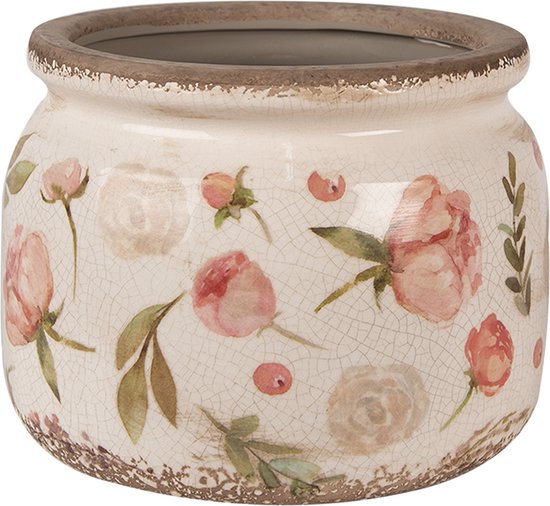 Keramiek Bloempot voor Binnen – Roze Bloemen – Rustieke Pot – Ø 20 cm – Bloemenmotief