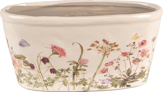 Keramiek Bloempot voor Binnen – Roze Bloemen – Rustieke Pot – 23x10x11 cm – Bloemenmotief