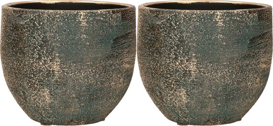 Set 2x Luxe keramische bloempotten Madeira 14 cm blauw-goud